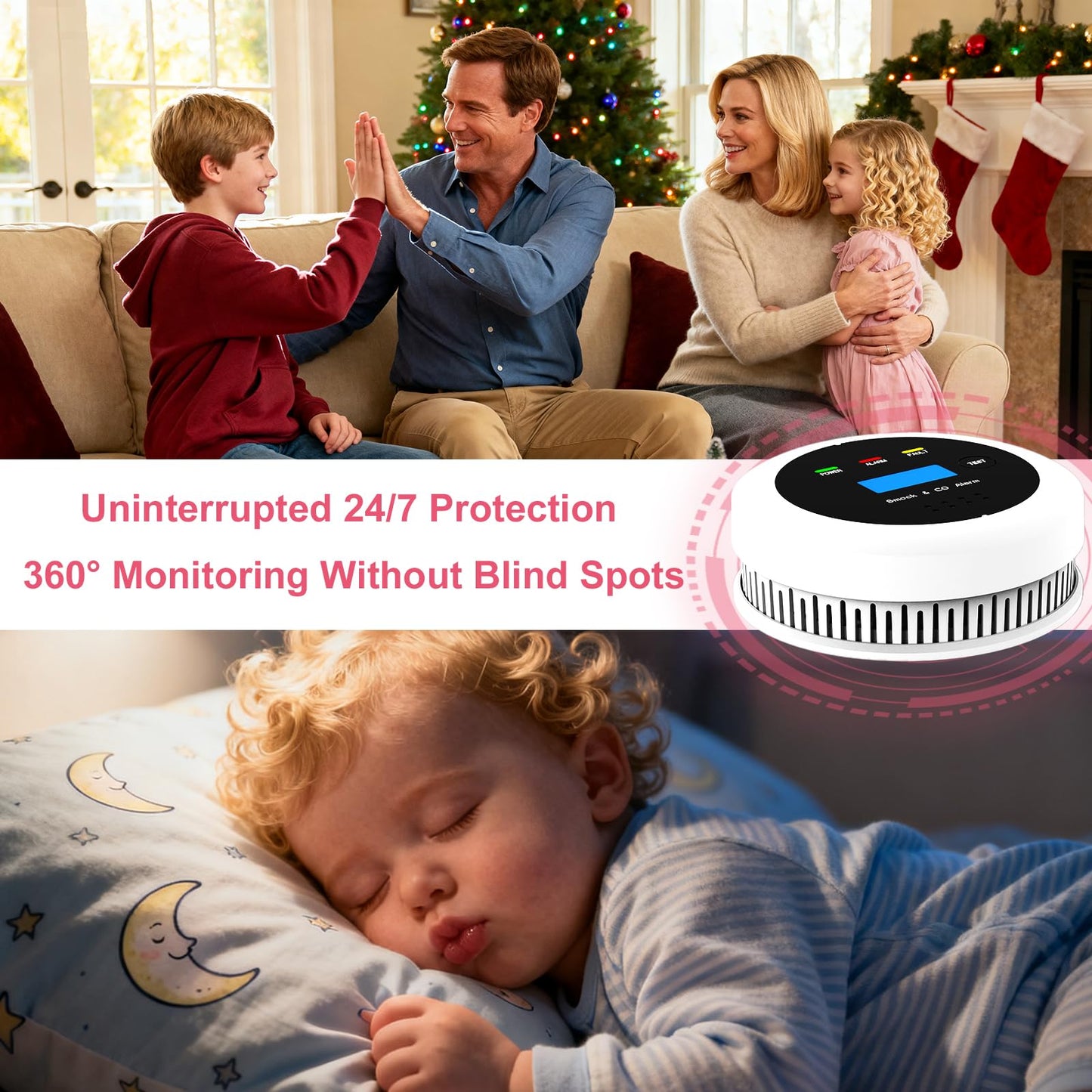 3-Pack Smoke and Carbon Monoxide Detector Combo, 2-in-1 Dual Sensor CO & Smoke Alarm, Battery Operated Carbon Monoxide Detectors with LCD Display for Home, Easy to Install