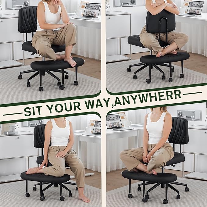 Ergonomic Cross Legged Office Chair with Wheels, Wide Seat and Backrest for Meditation, ADHD Cross Legged Office Chair with Adjustable Height, 360°Rotating Footrest for Yoga Home Office