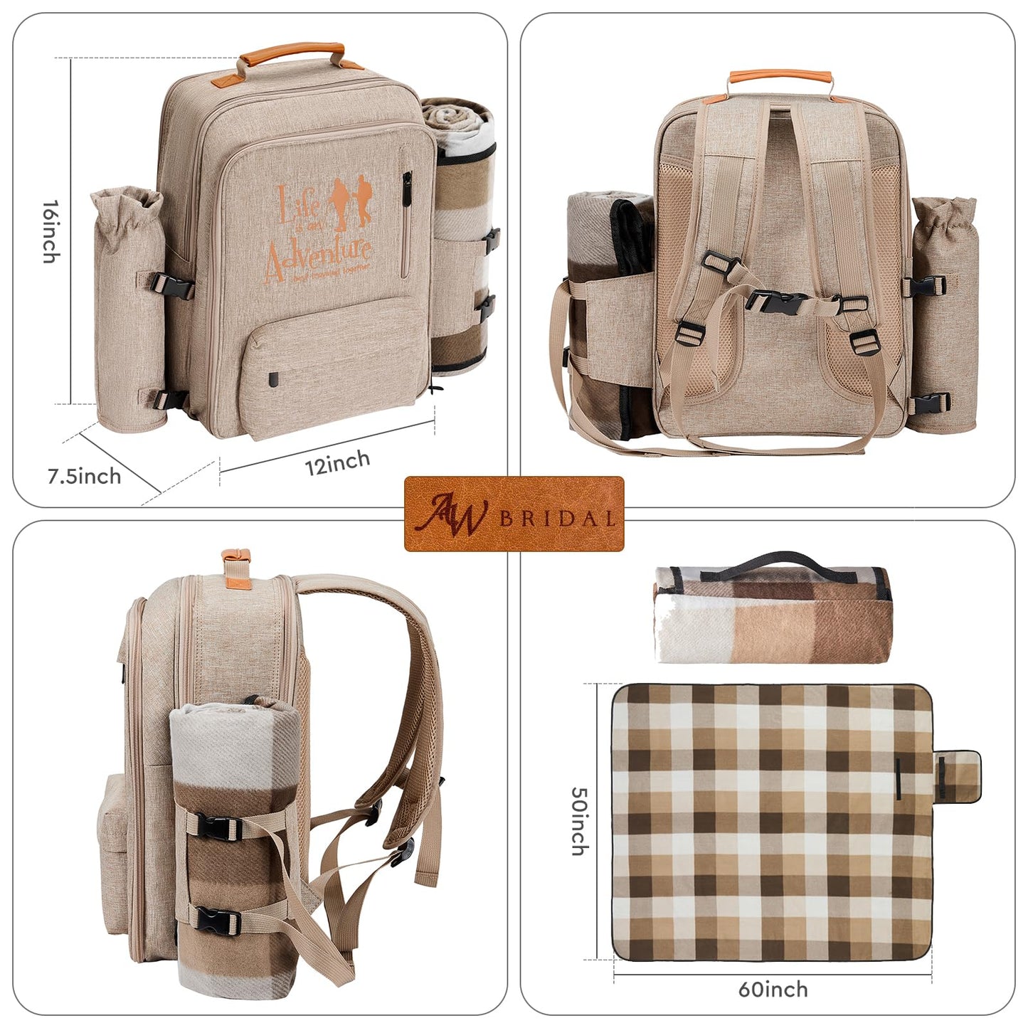 24L Insulated Picnic Basket Leak Proof Picnic Backpack for 2, Light Brown Camping Gifts, Cool Bridal Shower Gifts for Bride & Groom, Mr & Mrs, Anniversary Engagement Wedding for Newly Engaged Couples