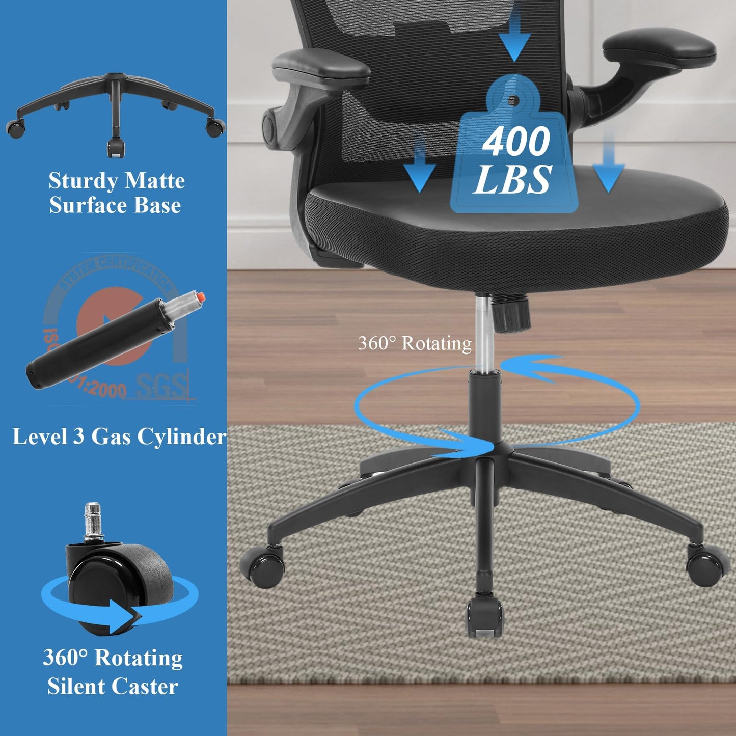 TOPBSHODC Ergonomic Office Chair 400lbs PU Leather Mesh Desk Chair with Lumbar Support, Flip-Up Arms, Swivel Wheels, Adjustable Height, Rolling Executive Computer Task Chair for Home Office,Black