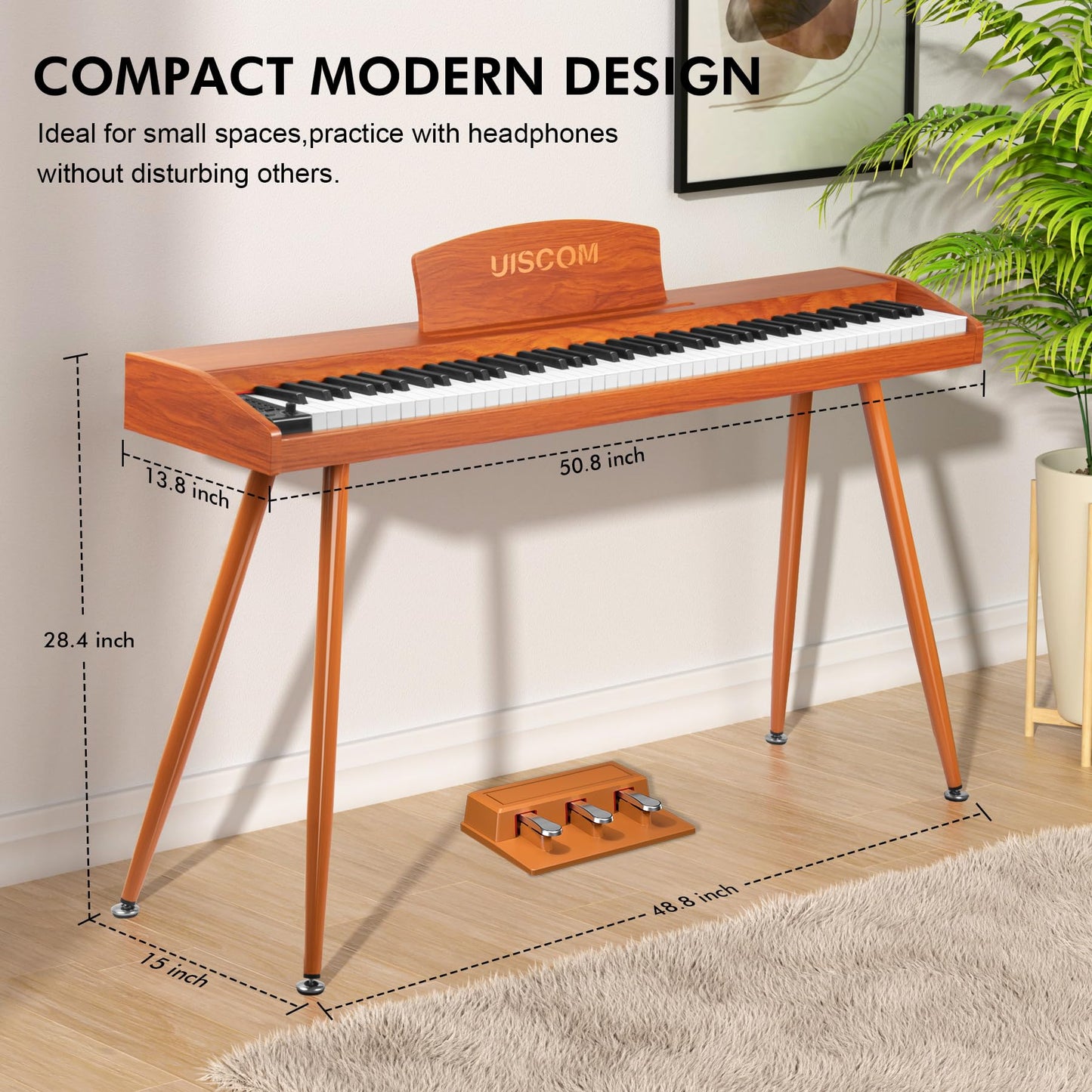 UISCOM Digital Piano Keyboard 88 Key Semi-Weighted for Beginners,Full Size Electric Piano with Stand,Triple Pedal,Adapter,Sheet Music Stand,Headphone,USB-MIDI Compatible,Wood Brown