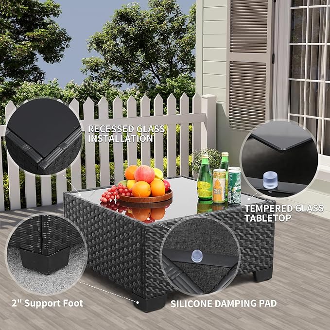 Patio Sectional 6 Pieces All-Weather Wicker Patio Furniture Set Outdoor Sectional with Glass Patio Table Non-Slip Cushions and Waterproof Covers, Khaki