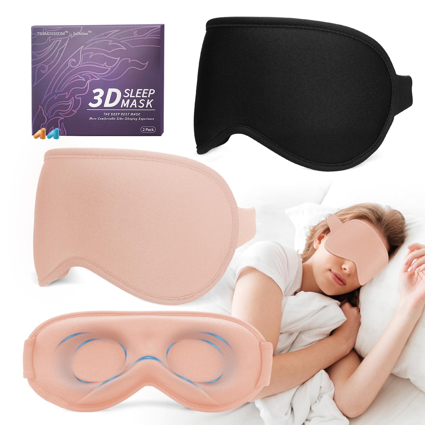 3D Sleep Mask for Men Women 2 Pack, Blackout Eye Mask for Sleeping Eye Mask for Side Sleeper, Memory Foam Adjustable&Washable, Airplane Travel Essentials Couples Yoga Meditation Office Black & Pink