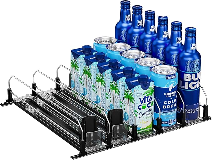 Puricon Drink Organizer for Fridge Pusher Glide, Spring Loaded Fridge Drink Dispenser, Self Pushing Soda Can Organizer for...