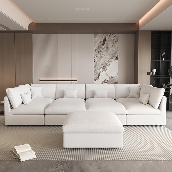 WJShome Cloud Couch for LivingRoom,153" U Shaped Modular Sectional Sofa with Ottoman,Down Filled 7 Seater Convertible Sleeper Sofa Bed Oversized Furniture Sets,White