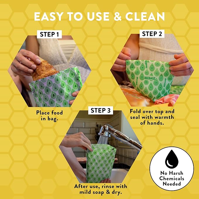 BeeBAGZ - Assorted 3 Pack - Beeswax Wrap Storage Bag - Plastic and Silicone Free - Reusable Beeswax Food Wrap Bags- 2 Sizes (Lunch Pack, 2 Small + 1 Medium, (Multicolor)