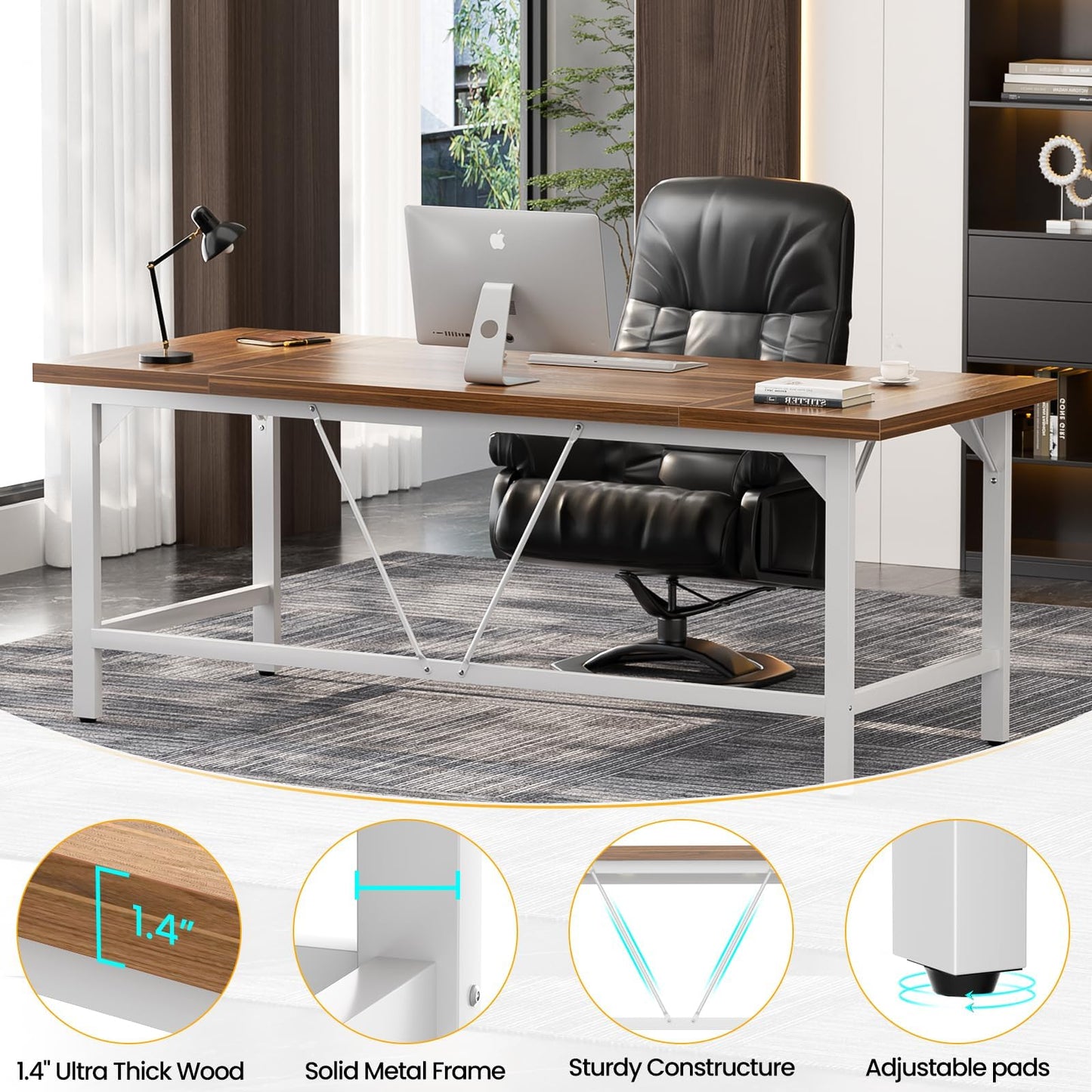 Unikito 70.8 Inch Extra Long Computer Desks, Heavy Duty Large Office Executive Desk, Sturdy 2 Person Desk, Premium Thick Study Writing Table Computer Table for Home Office Workstation, Rustic/White