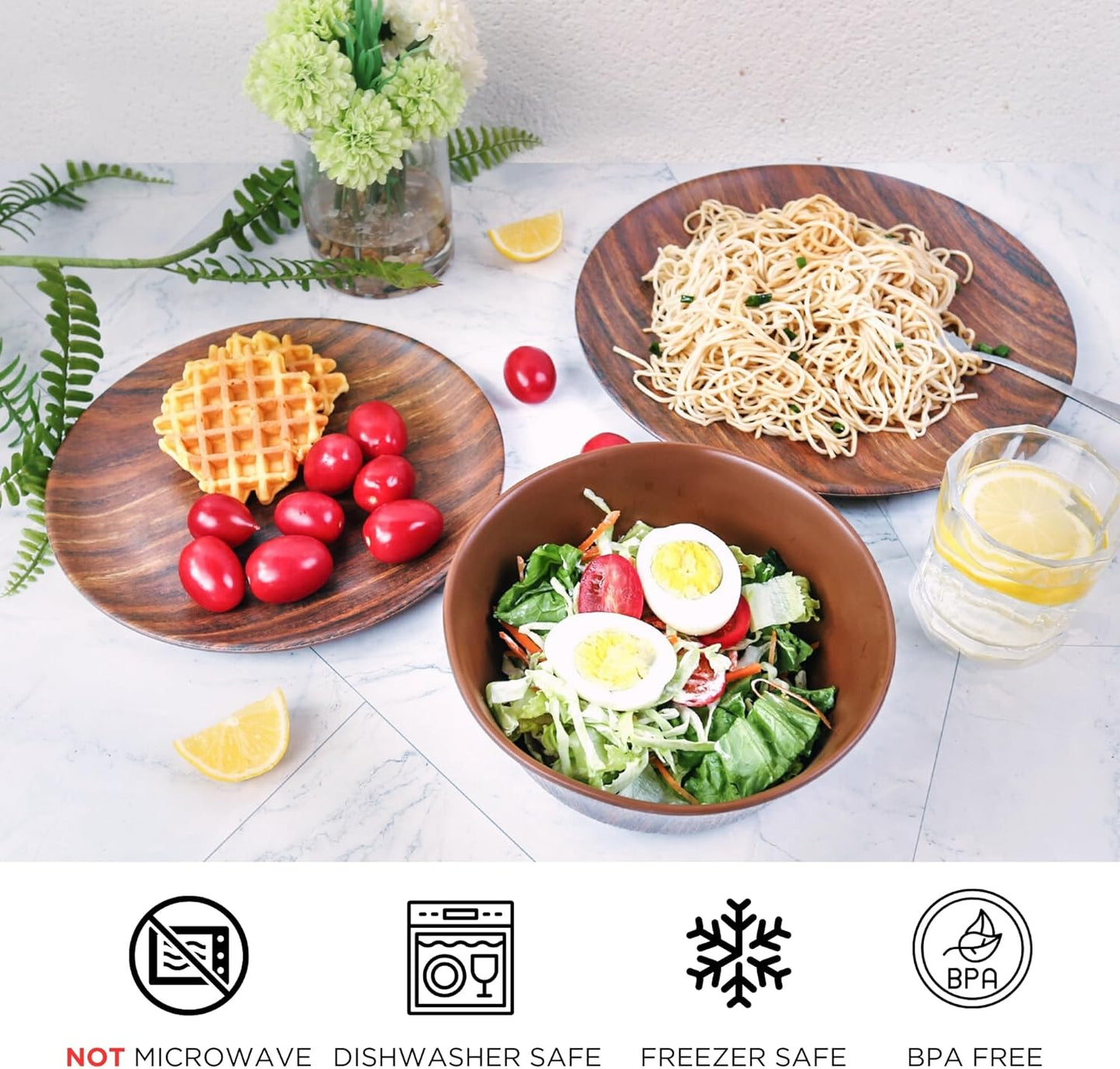 TP 12-Piece Dinnerware Set, Melamine Dishes Set with Bowls and Plates, Non-breakable and Lightweight Dinner Service for 4, Wood Grain