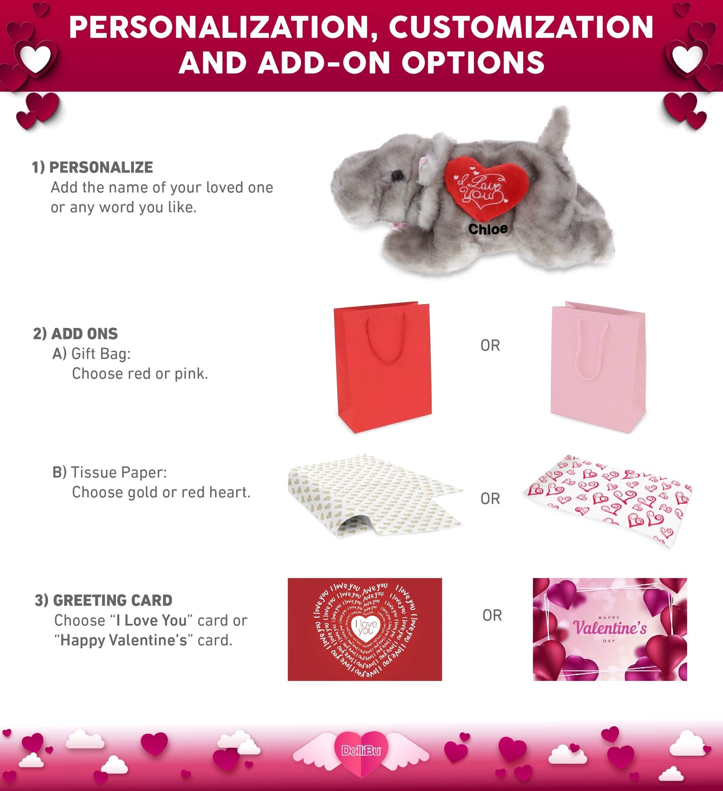 DolliBu I Love You Valentine Plush Hippo - Cute Stuffed Animal with Red Heart and Name Personalization Gift for Valentines Day, Birthday, Anniversary, Romantic Date - 11 Inches