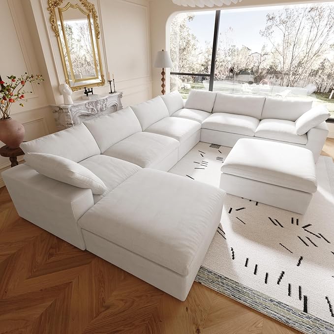 Cloud Modular Sectional Couch,160inch Overzised Down Filled Comfort Sofa Couch for Living Room,8 Seater Minimalist Wide Deep Seat Convertible Couches,Sofa Cover Washable & Removable,White