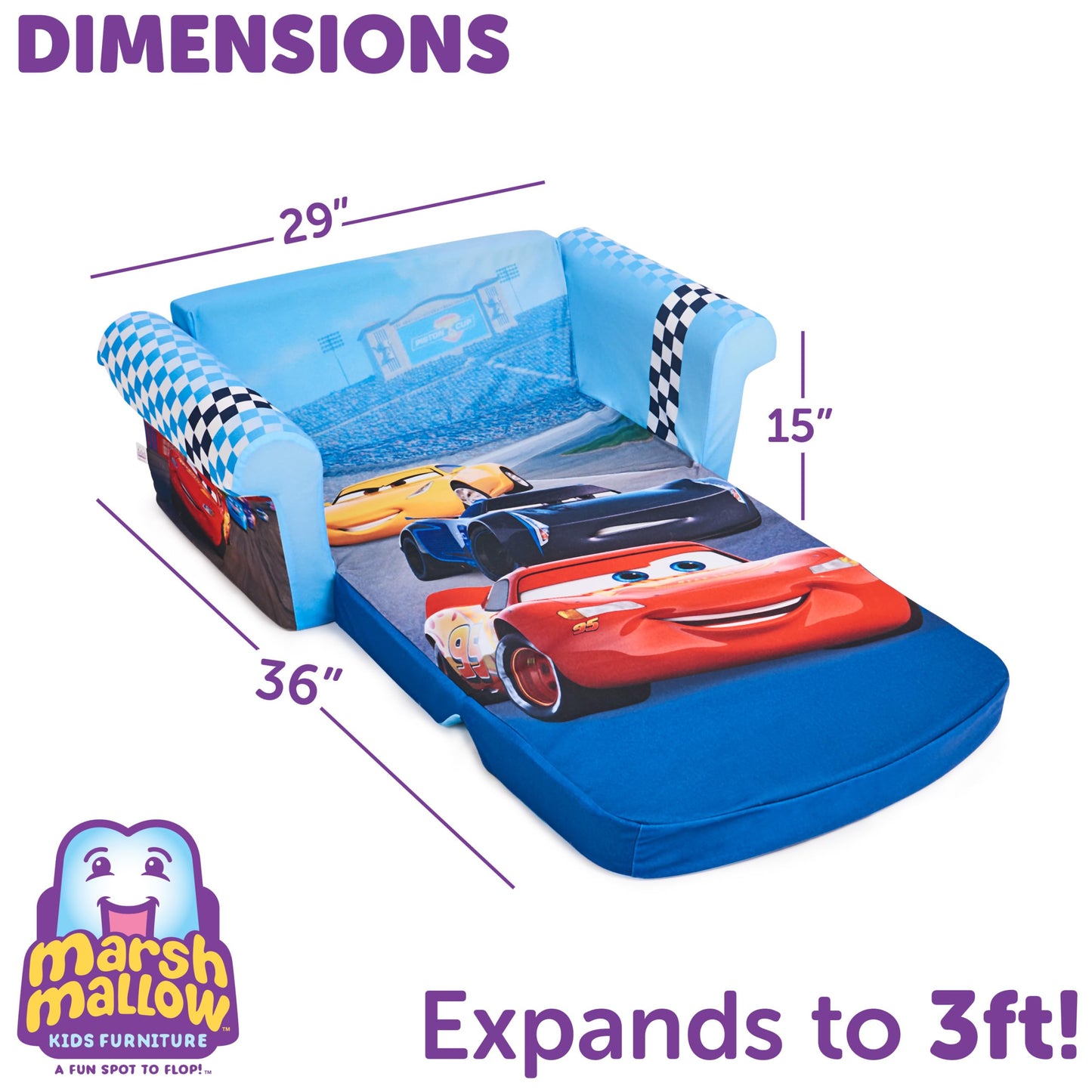 Marshmallow Furniture, Children's 2-in-1 Flip Open Foam Compressed Sofa, Disney's Cars, Multicolor