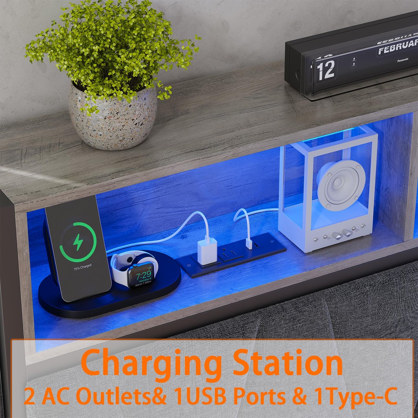 Twin XL Corner Bed Frame with Storage Bookcase, Kids Bed Unit with Charging Station and LED Light, Twin XL Size Platform Beds with Storage and Charging Station, with 2 Underneath Drawers, Grey