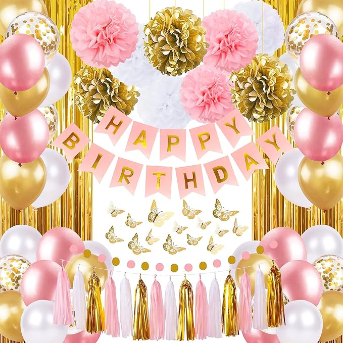 Pink and Gold Birthday Party Decorations for Women with Happy Birthday Banner,Curtains, Butterfly Wall,Circle Dots Garlan...