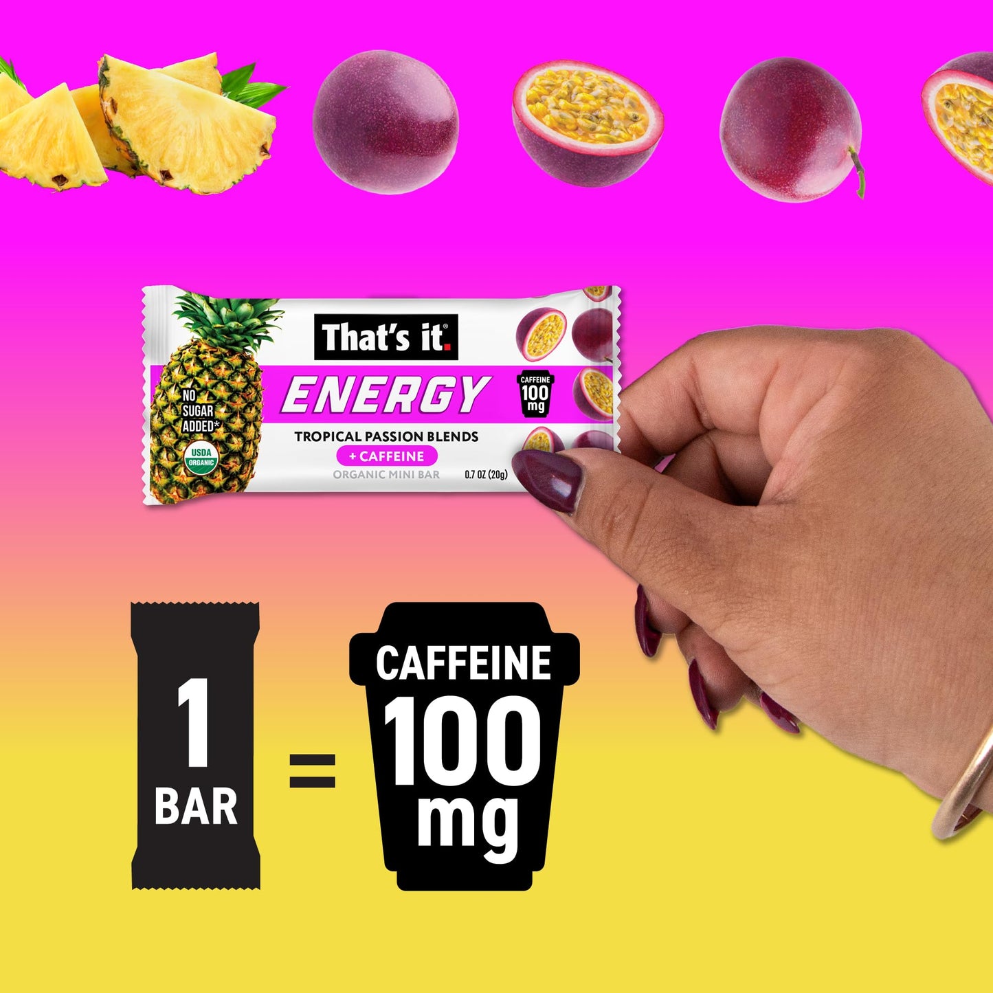 That's it. Tropical Passion Energy Mini Bars | 100mg Natural Caffeine |Pineapple Passionfruit| Allergy-Friendly, Nut Free, Organic, Non-GMO, Gluten-Free Snacks | 15 Count