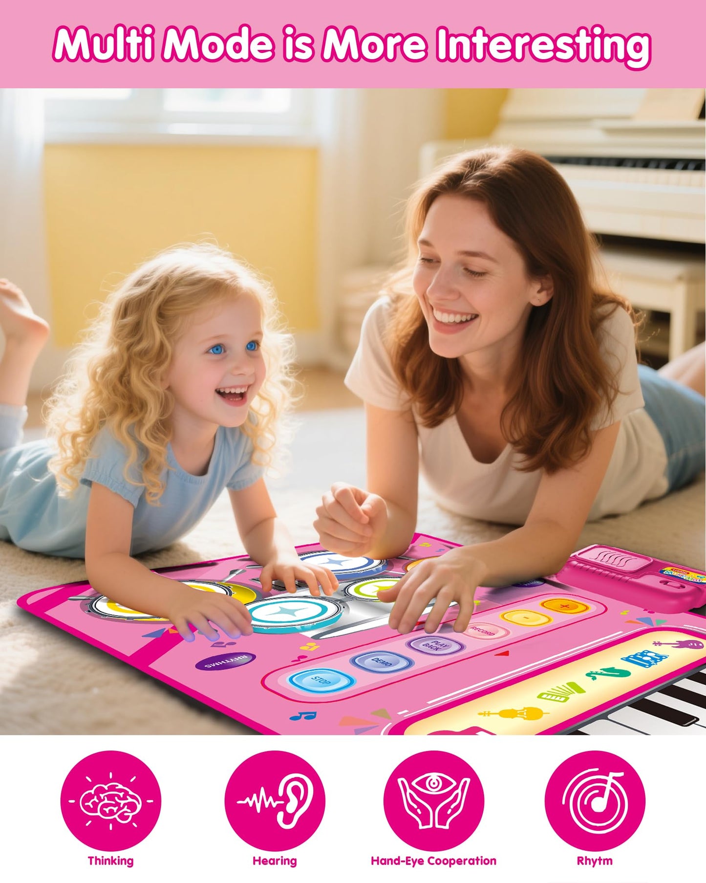 Toys for 1 Year Old Girl Gifts, Baby Musical Mat with Piano & Drum, Adjustable Volume, 12-18 Months Toddler Toys, Christmas Birthday Easter Gifts for 1-2 Year Olds Boys Girls (Pink)
