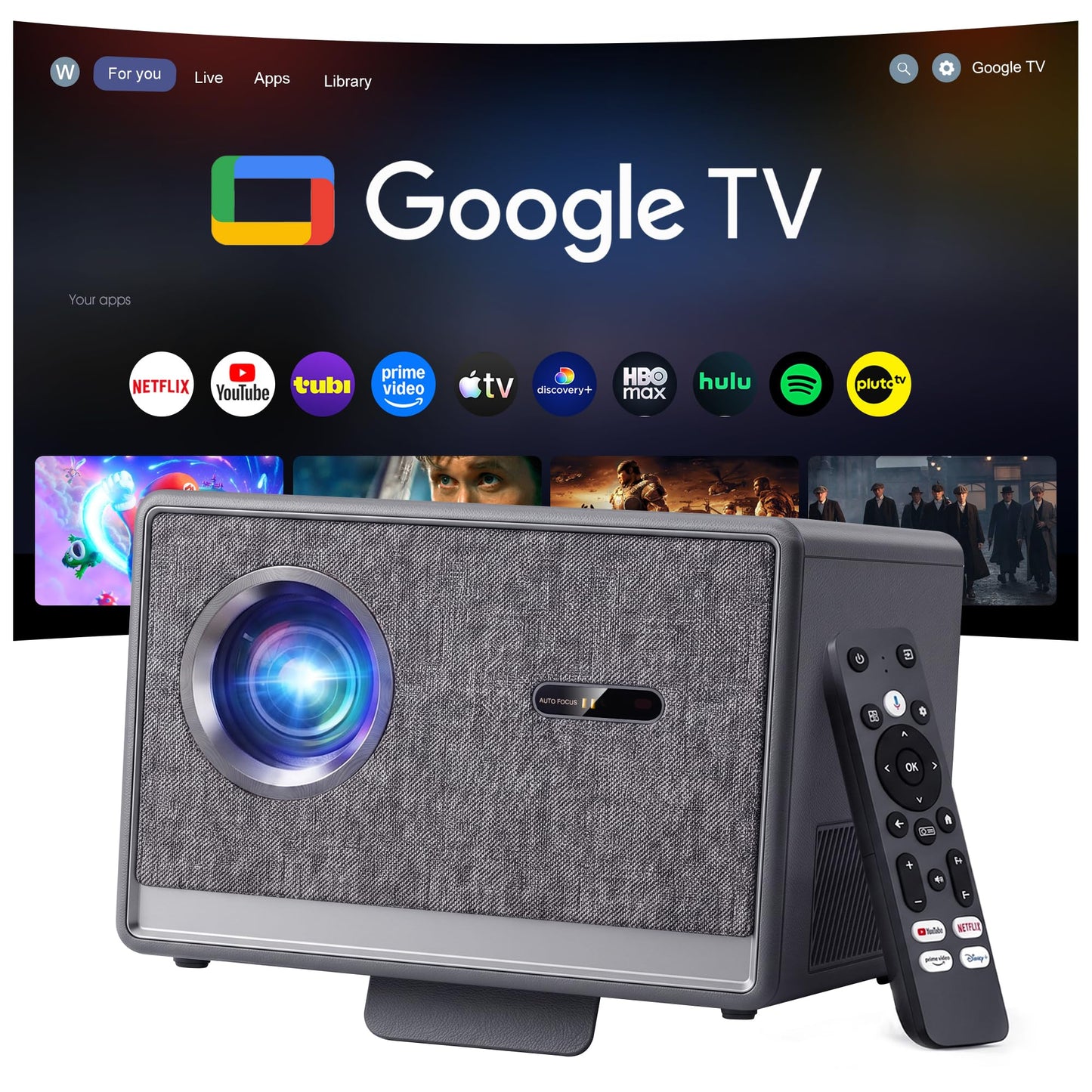 2600 ANSI Official Licensed Google TV Smart Projector,4K Support Movie Projector with WiFi & Bluetooth,Built-in Apps, for Outdoor & HomeTheater Use,Compatible with Phone/TV Stick/PC/PS5