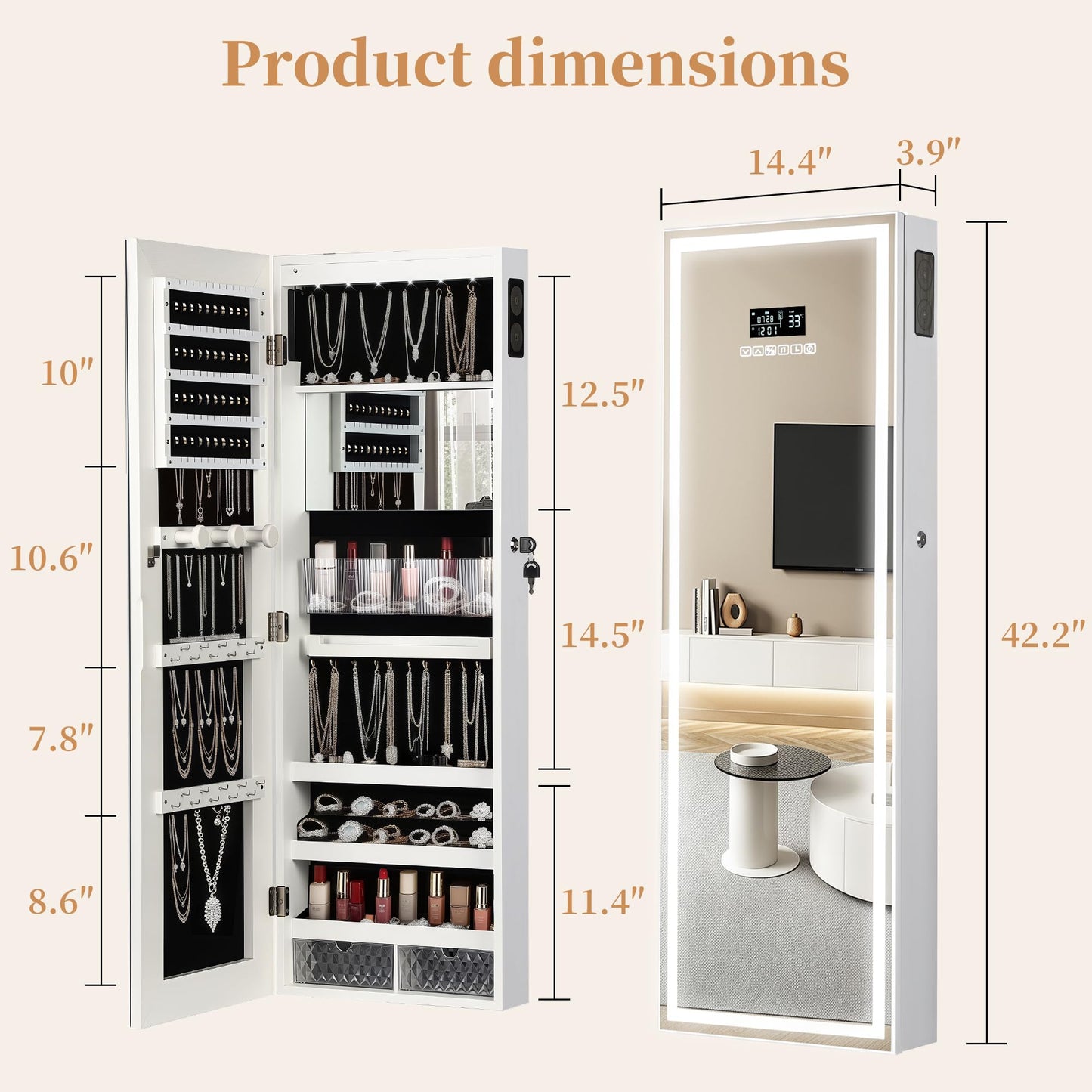chaoguan LED Mirror Jewelry Cabinet with Bluetooth Speaker, Wall/Door Mounted Jewelry Organizer Armoire, Full Length Lighted Mirror with Jewelry Storage,Jewelry Box Standing for Women