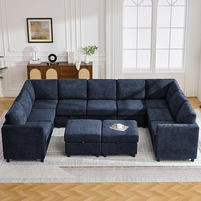 127'' Oversized U Shaped Modular Sofa, Sectional Couches with Storage for Living Room, Modern 9 Seater Cloud Sectional Couch with Movable Ottoman, Chenille Navy