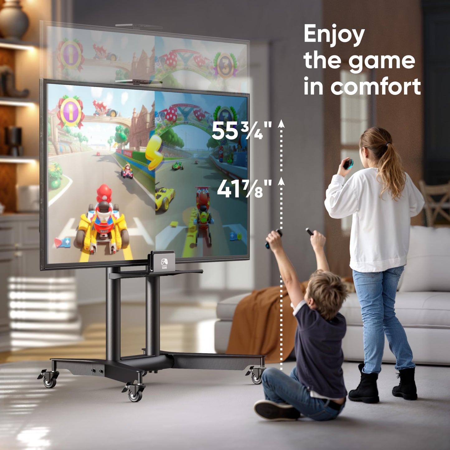 ONKRON Mobile TV Stand on Wheels for 32-75 Inch Screen, max Load 132 lbs, Height Adjustable TV Portable Stand, max VESA 600x400, Movable TV Cart Rolling TV Stand with Shelf, Lockable Wheels Black