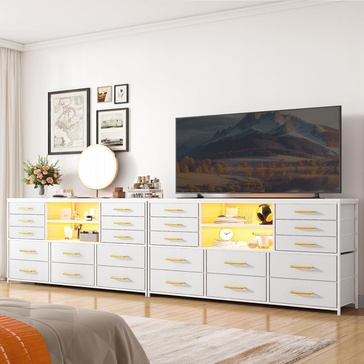 EnHomee White Dresser for Bedroom with 12 Drawers, Fabric Bedroom Dresser with LED Lights & Power Outlets Long Dressers & Chest of Drawers, Sturdy Metal Frame for Closet, Living Room, Hallway
