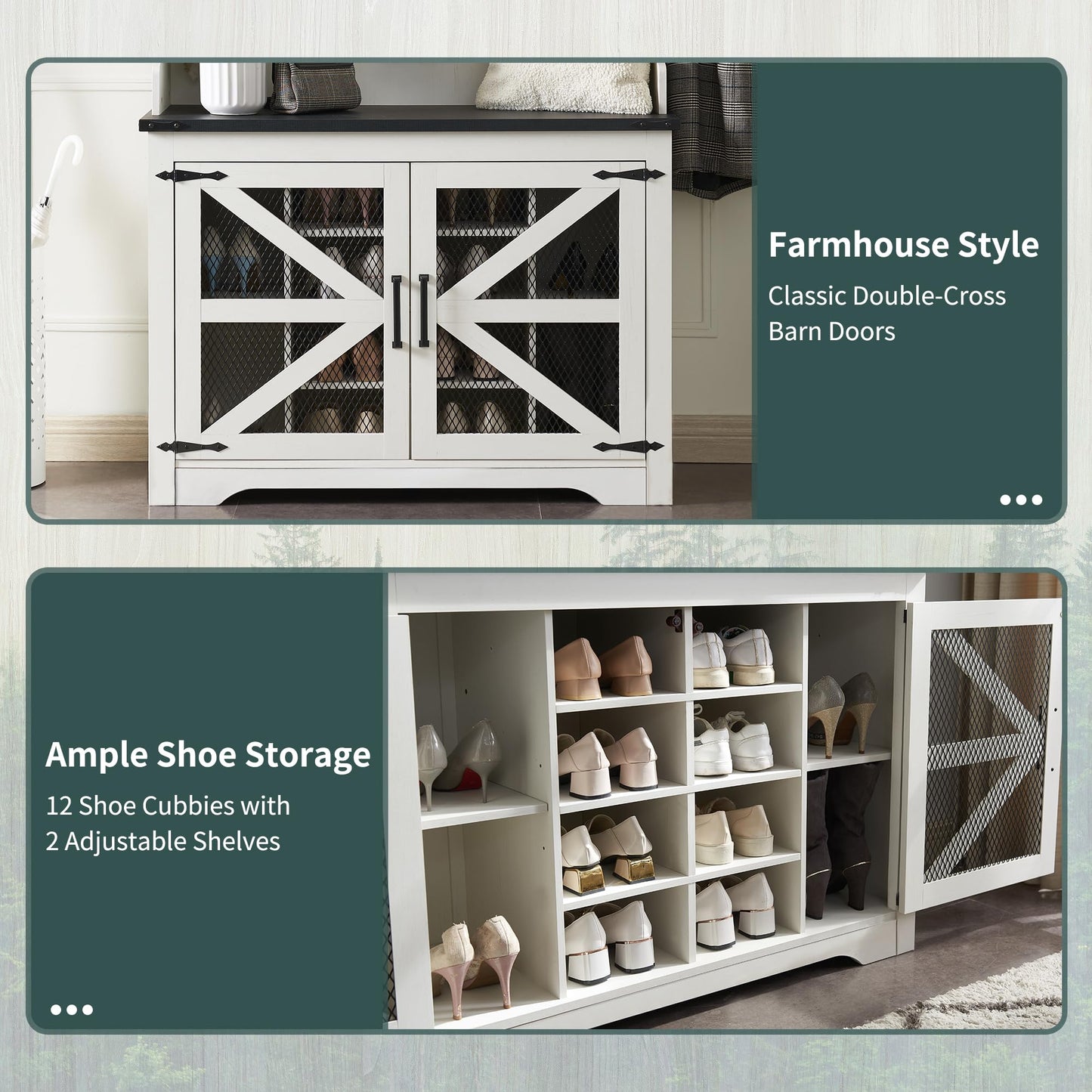JXQTLINGMU 42" Farmhouse Hall Tree with Shoe Storage, Entryway Bench with 12 Cubbies, 7 Hooks & Barn Doors, Mudroom Coat Rack Cabinet, Off White