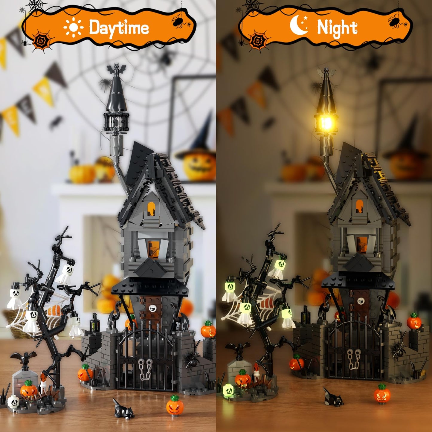 Tweandar Halloween Haunted Mansion Building Set,Before Xmas Haunted House Building Blocks Set with Light, Glow-in-The-Dark Pumpkins and Skeleton Ghosts, Halloween Toys Gifts for Adults & Kids