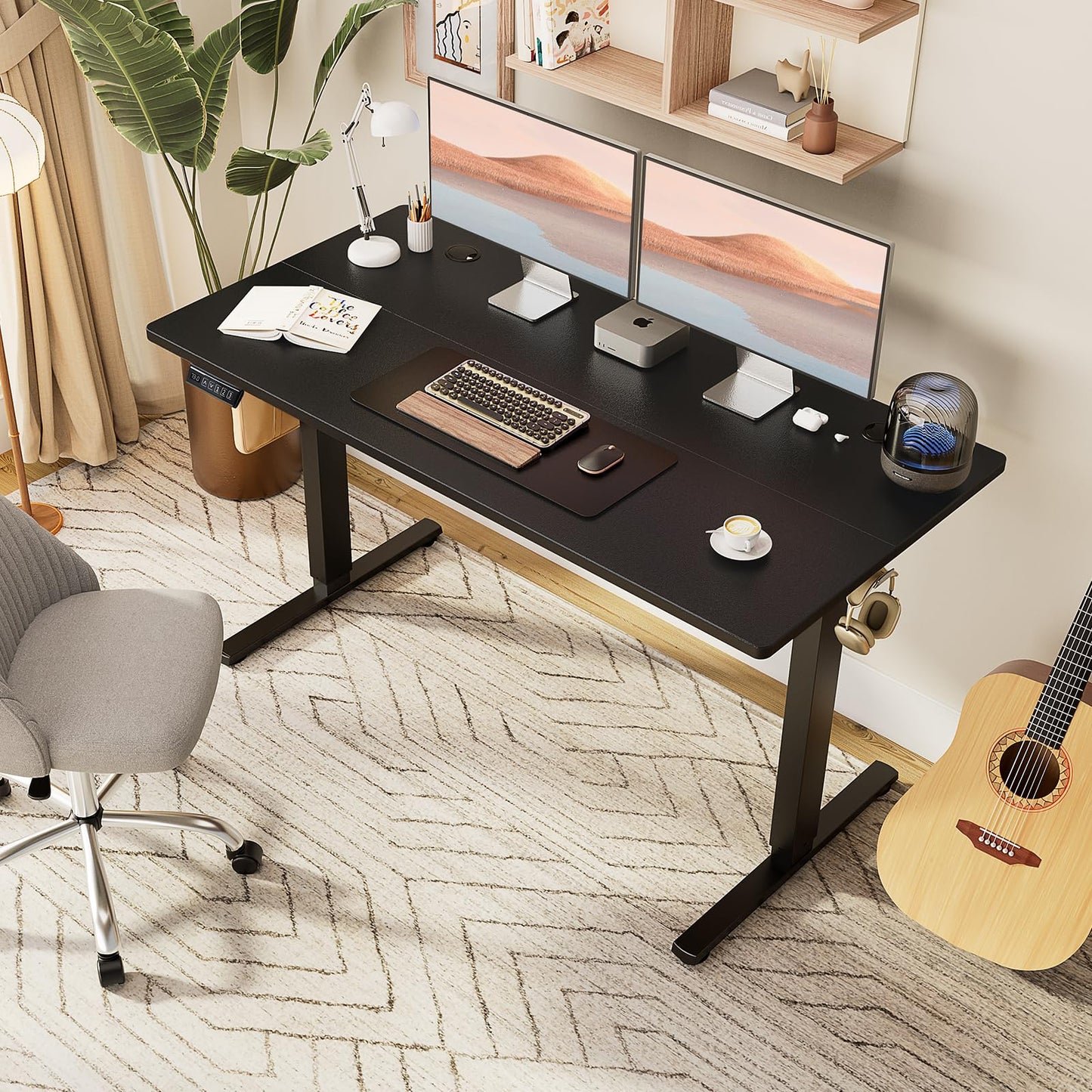 Sweetcrispy Electric Standing Desk Adjustable Height, 55x24 Inch Sit Stand Up Home Office Desks Memory Computer Workstation PC Work Table with Preset Splice Wood Board Metal Frame, Black