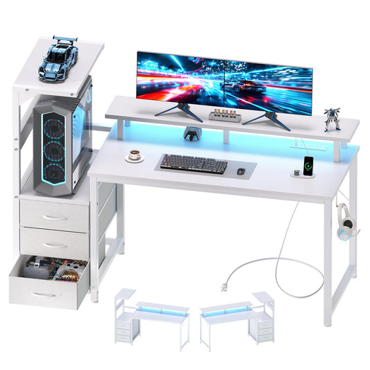 HAPPYMONT Gaming Desk with Shelves Storage Drawers, Computer Desk with LED Lights Power Outlets, Office Table with Shelf Cable Management for Bedroom Dual Monitor Streaming, White