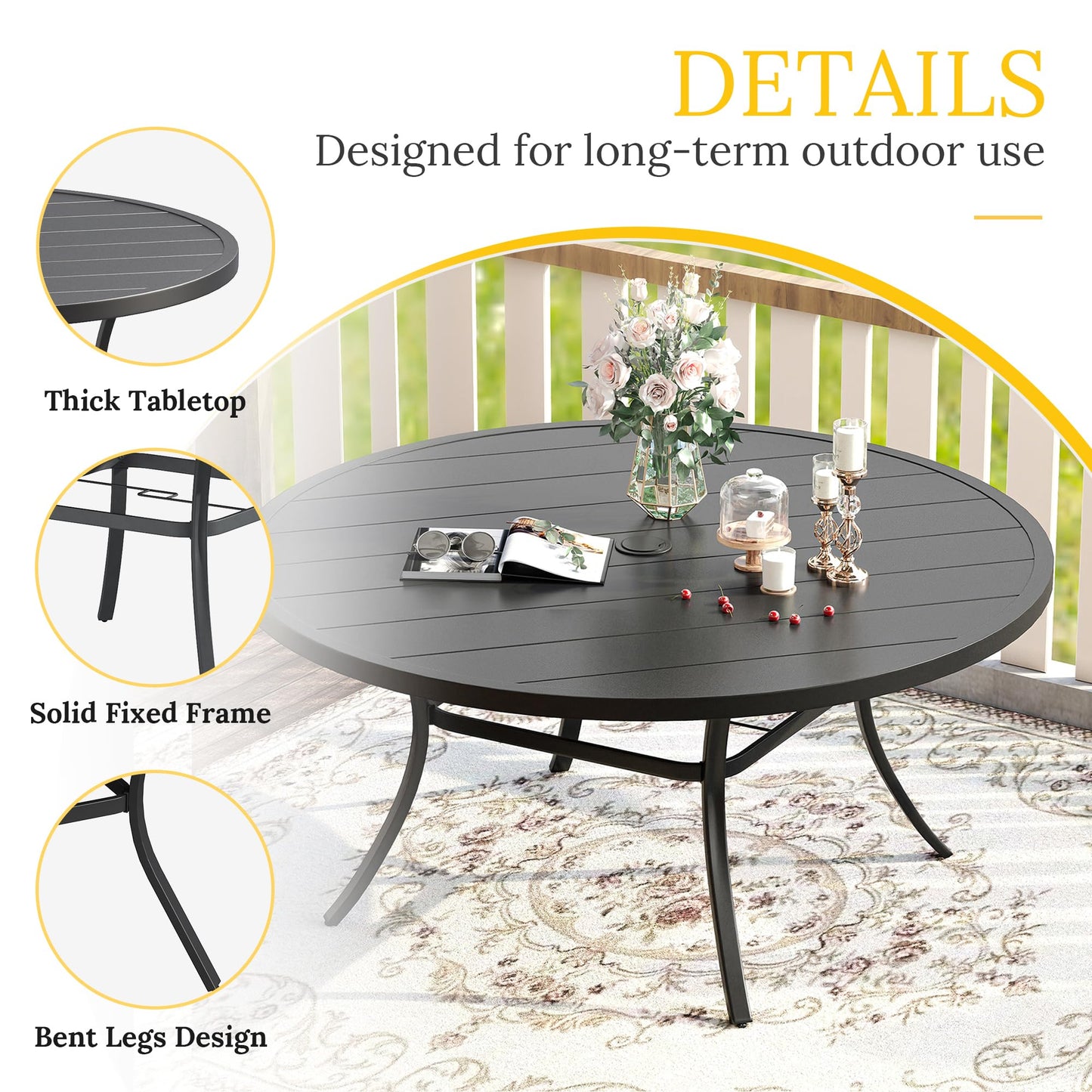 VICLLAX Patio Dining Set for 8, Outdoor Furniture Set Includes 53" Round Patio Table and 8 Patio Sling Chairs, Black Tabletop and Brown Fabric