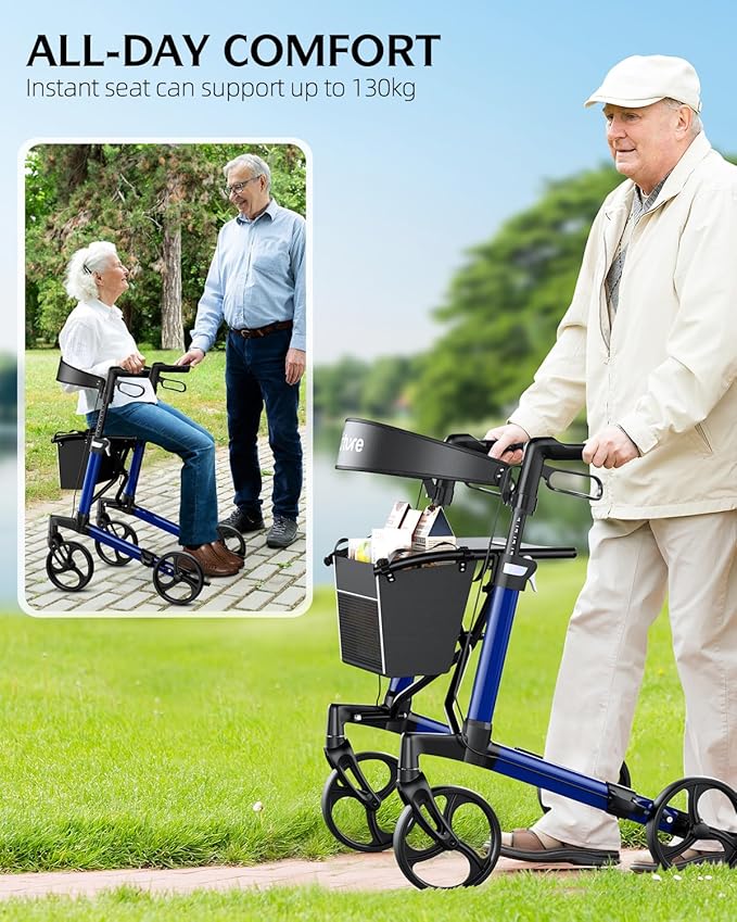 WOTURE Rollator Walker with Seat, Lightweight Rolling Walker, Foldable Rollator Walker for Seniors, 8" Big Wheels for All Terrain, Dual Height Adjustment, Only 16 Ib, Blue