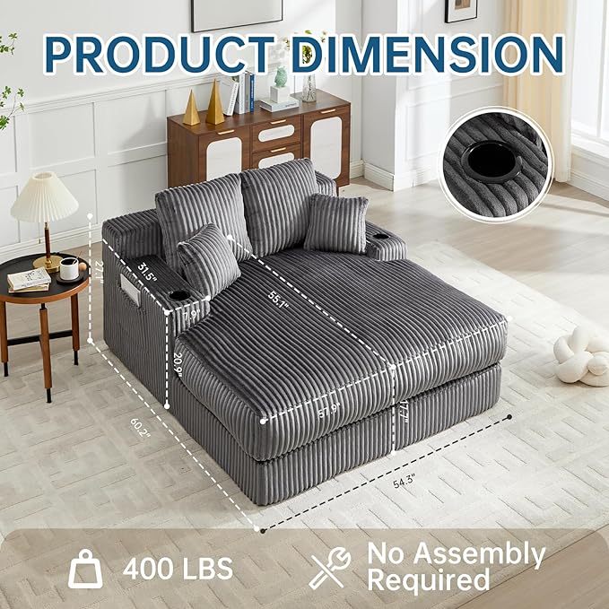 Asukale 60" Oversized Chaise Lounge Chair Indoor, Boneless Cloud Chair Bed with 4 Pillows & Armrests, No Assembly Corduroy Upholstered Sofa for Living Room, Bedroom, Apartment(Dark Grey)