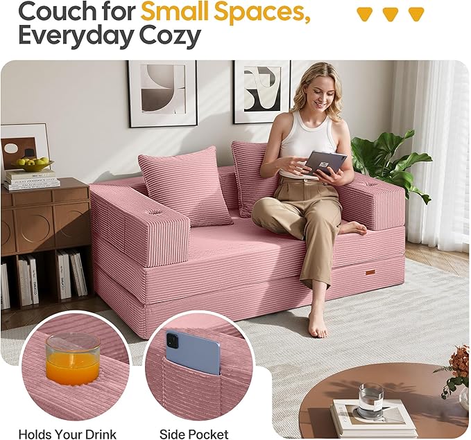 COMAX Futon Sofa Bed, 4‑in‑1 Convertible Sofa Bed, Folding Boneless Couches for Living Room, Fold Out Small Foldable Loveseat Floor Sleeper Comfy Mattress Lounge Space‑Saving, Pink