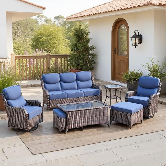 Belord Luxury 6" Thick Cushioned 7 Pieces Patio Furniture Set with Outdoor Couch, Wicker Outdoor Conversation Set with High Back Swivel Rocker Chairs for Deck Porch Yard and Poolside - Brown+Blue