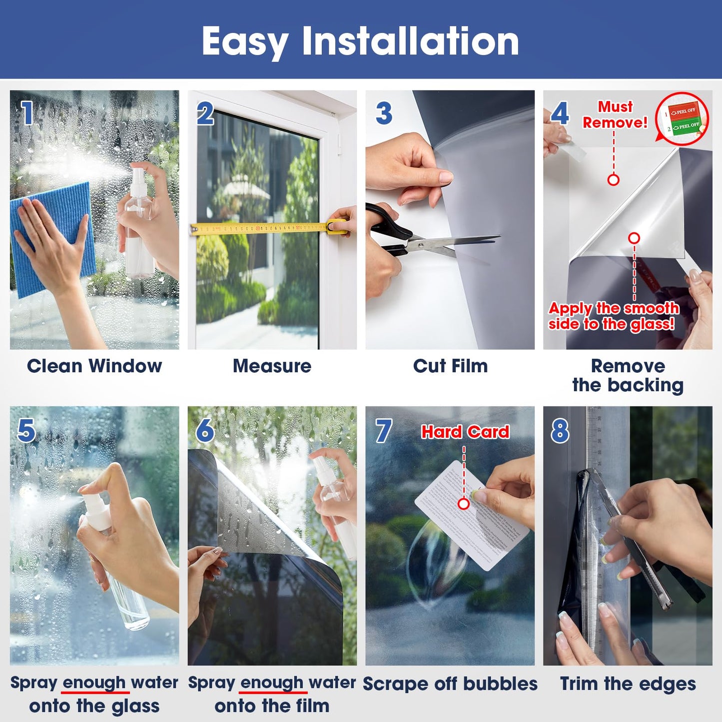 Coavas One Way Window Privacy Film, Heat & Sun Blocking Window Film See Out Not in, Static Cling Window Tint for Home, Anti UV Reflective for Bathroom Office Door (Black, 17.7 x 78.7 inches)