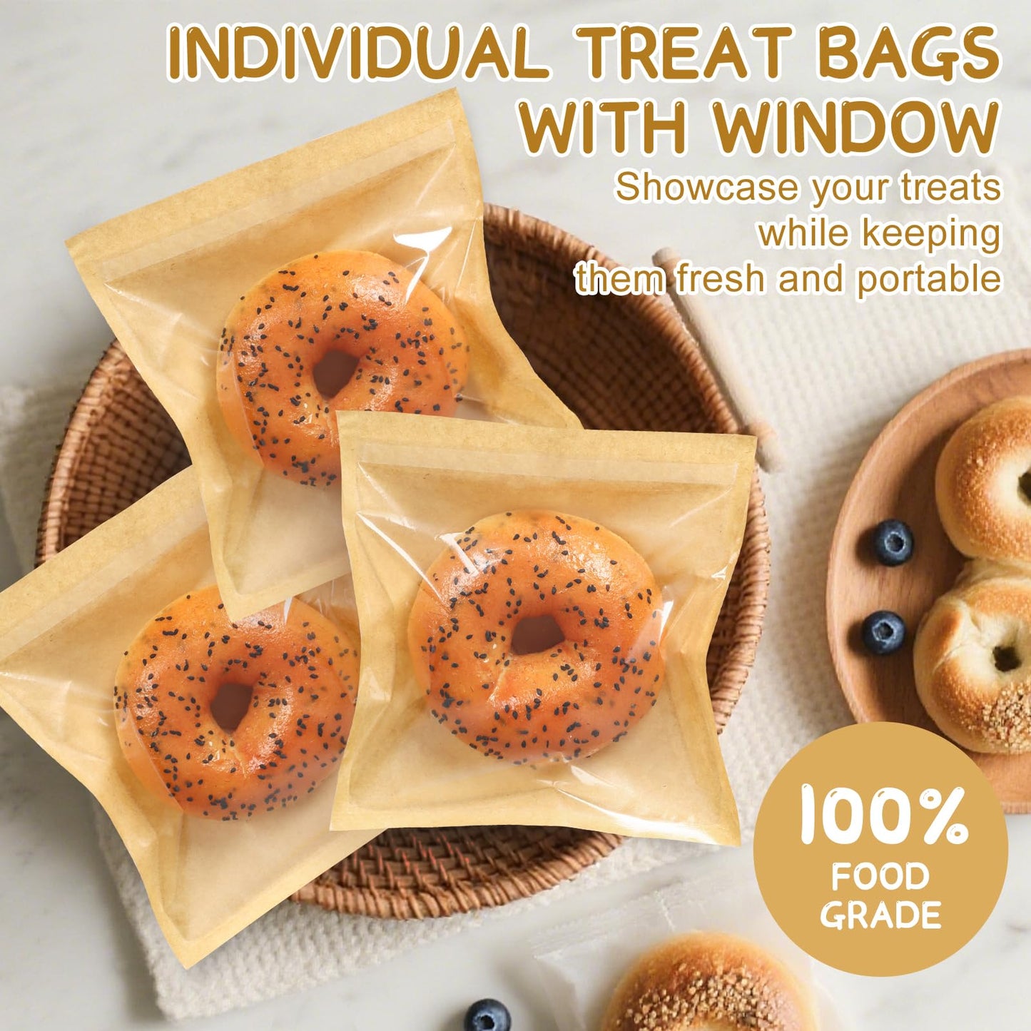 SUREHOME Paper Sandwich Bags 100 Pcs 7.1 X 7.5 In Kraft Brown Paper Bags with Window Individual Heat Seal Bakery Bag with Sticker Cookie Bag for Party Favors Snacks Treats Bread Baked Goods Packaging