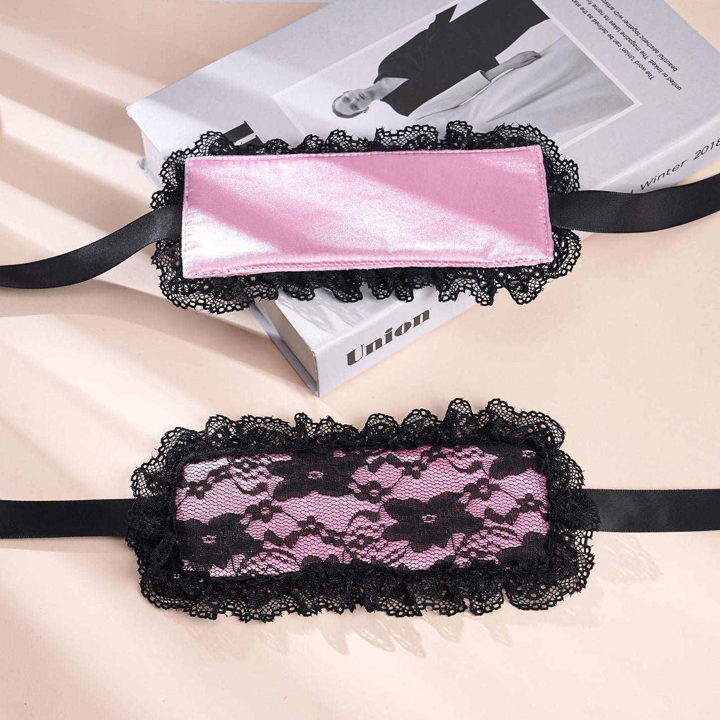 FRESHME Blindfold Sleep Mask and Hand Ties - 3 Pcs Pink Black Cute Comfortable Lace Blackout Sleeping Eye Mask Cover Blind Folds for Couples Women, Lovely Valentines Day Gift for Her Girlfriend Wife