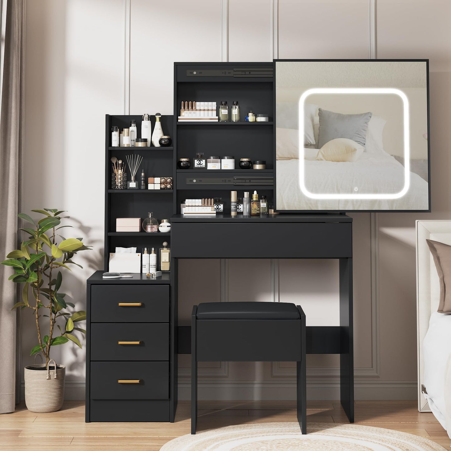 Vanity Desk with Sliding Mirror and Lights, Makeup Vanity Set with 4 Drawers, Stool, Power Outlet, Open Shelves, 3 Color Adjustable Lighting Modes, Makeup Dressing Table for Bedroom, Black