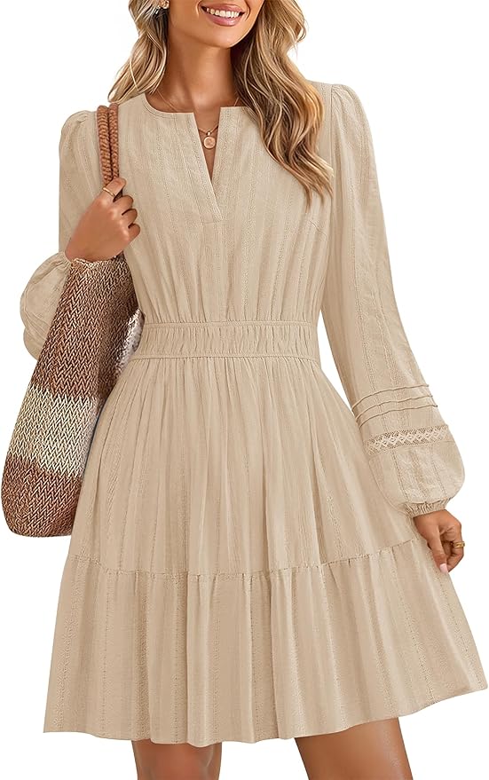 ZESICA Long Sleeve V Neck Mini Dresses for Women 2026 Spring High Waist Ruffle Pleated A Line Cocktail Party Short Dress
