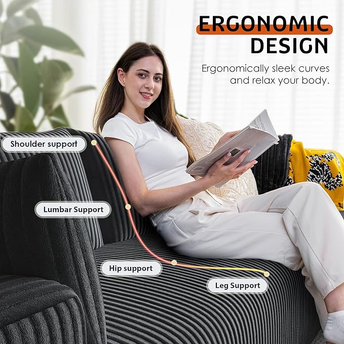 Domiqut 108" Cloud Couch Modular Sectional Sofa for Living Room,L-Shaped Boneless Couch with Deep Seat Chaise,No Assembly Required Foam Sleeper Sofa for Apartments,Plush Corduroy Fabric, Dark Gray