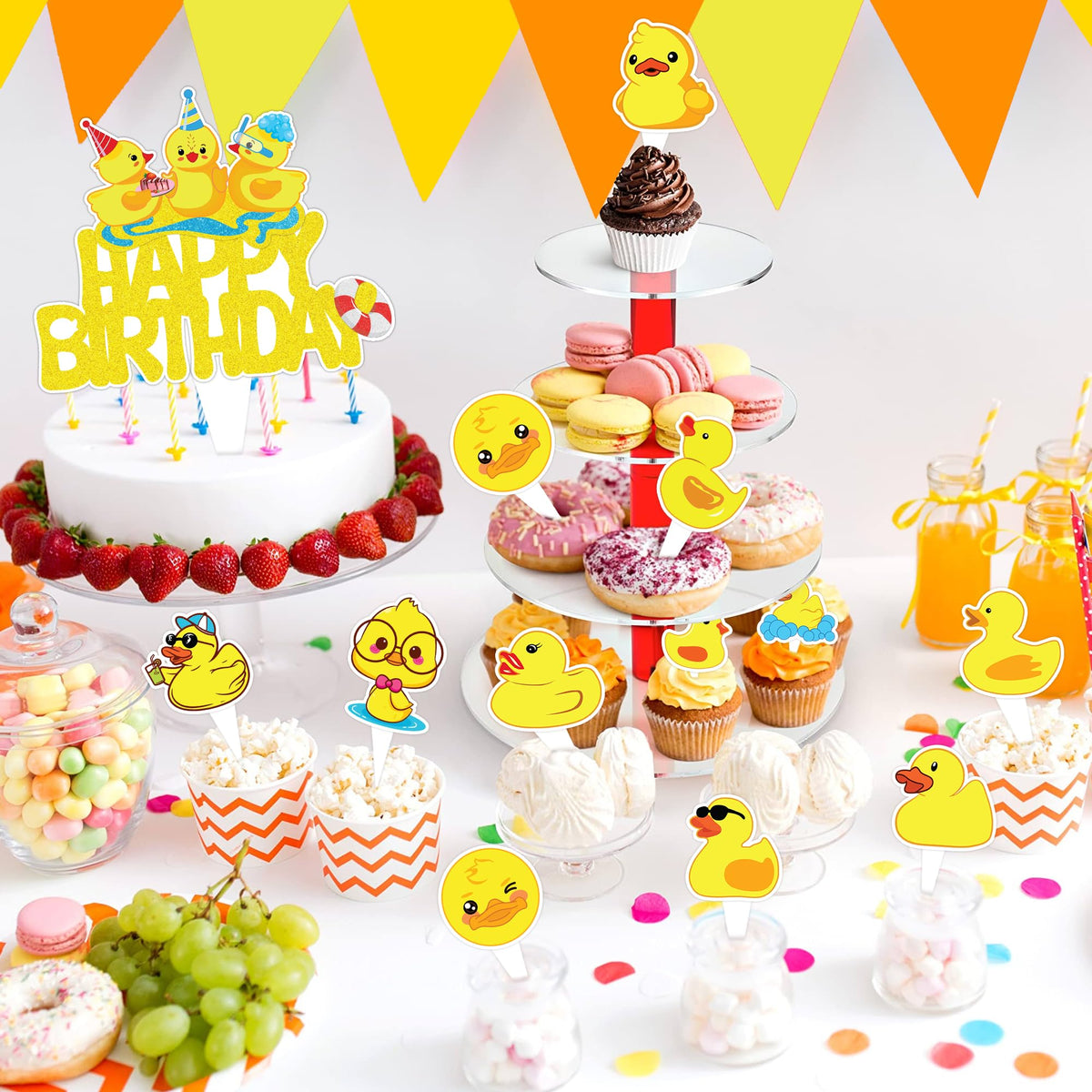Duck Cake Topper Picks, 25 PCS Rubber Yellow Duck Cupcake Toppers Cake Decorations Ducky Farm Animal Theme Birthday Party Supplies Favors Decor Centerpiece Table for Boys Girls Carnival School Rewards
