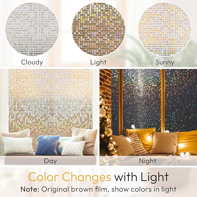 rabbitgoo Window Privacy Film Stained Glass Window Film, Mosaic Rainbow Decorative Glass Cling, Removable Static Cling Tint, Non-Adhesive Privacy Covering for Home, Brown, 35.4 x 157.4 inches
