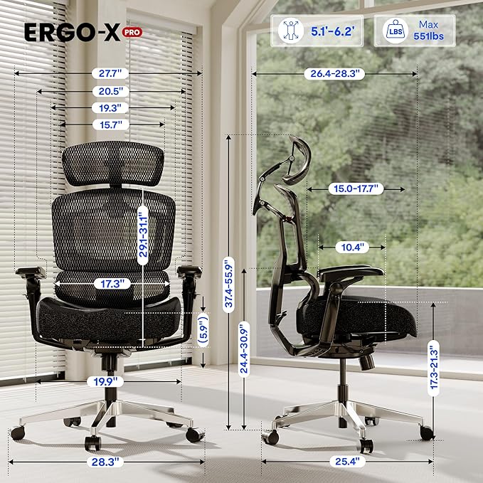 FLEXISPOT ErgoX-PRO Ergonomic Office Chair Black – 5D Lumbar, 7D Armrests, 4D Headrest, 551LB Capacity, Cloudtech Cushion – Office, Gaming, Bedroom