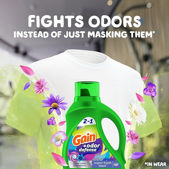 Gain Odor Defense Liquid Laundry Detergent, Super Fresh Blast Scent, 2 x 65 fl oz, 2 x 45 loads, total of 90 loads, 2 in 1, Laundry Detergent Liquid Soap, HE compatible