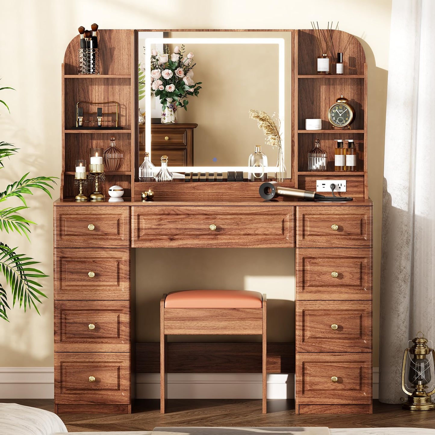Arulvmrn 43" Makeup Vanity Desk with Mirror and Lights, & Power Outl, Glass Top Big Vanity Table with 9 Drawers& 8 Storage Shelves, Dressing Table Set with Chair for Bedroom, Brown