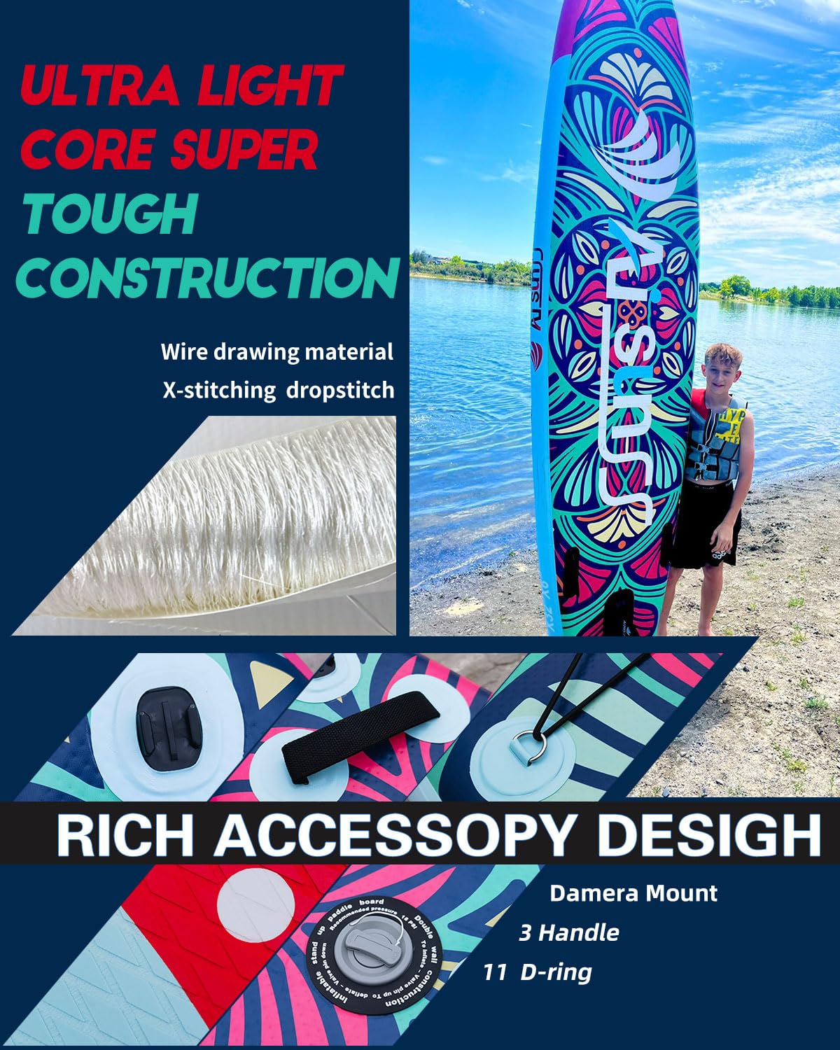 AISUNSS SUP Board 10.6Ft All Around Board Premium iSUP, Yoga Board with SUP Accessories Include Non-Slip mat, Waterproof Phone Bag, Double Action Pump, Adjustable Aluminum Paddle (Butterfly SUP)