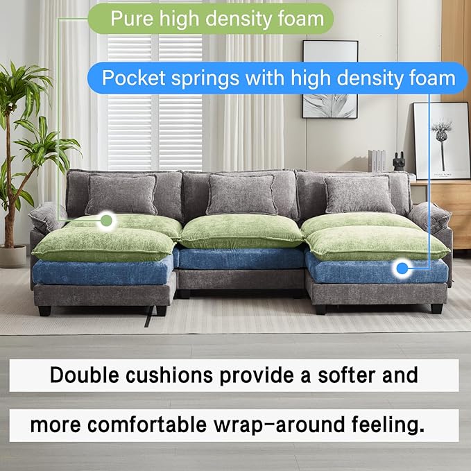 Oprisen 120" Modular Sectional Sofa, Comfy Cloud Couch Sectional Sofa with Ottoman, Chenille Sofa Sleeper Deep Seat Sofa with Throw Pillows for Living Room (Light Gray, 120"- U Shape)