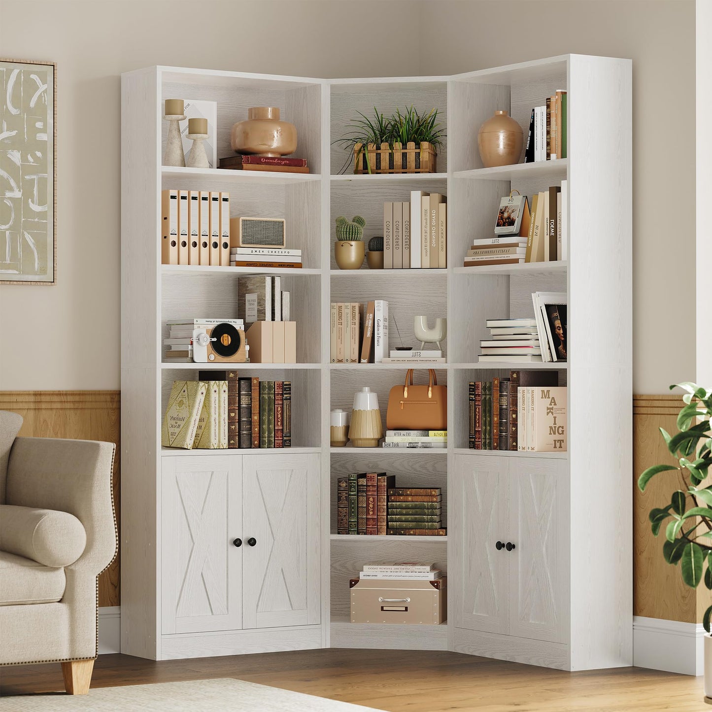 ANCTOR Large Corner Bookcase with 2 Storage Cabinets and 18 Shelves, 7 Tiers L Shaped Wood Bookshelf, 71" Tall Corner Hutch for Living Room, Bedroom, White