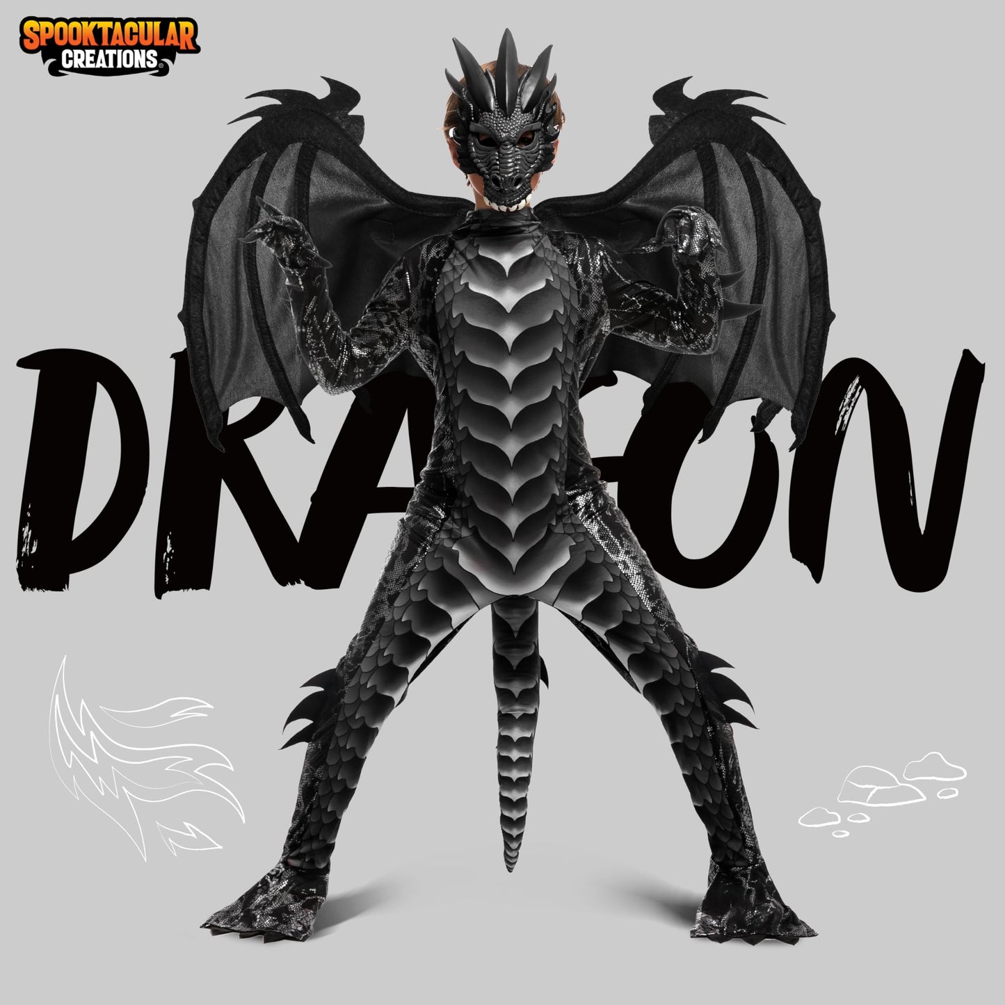 Spooktacular Creations Halloween Kids Dragon Costume, Dark Jumpsuit, Boys Dragon Wings, Tail and Mask Set for Halloween Dress Up-S