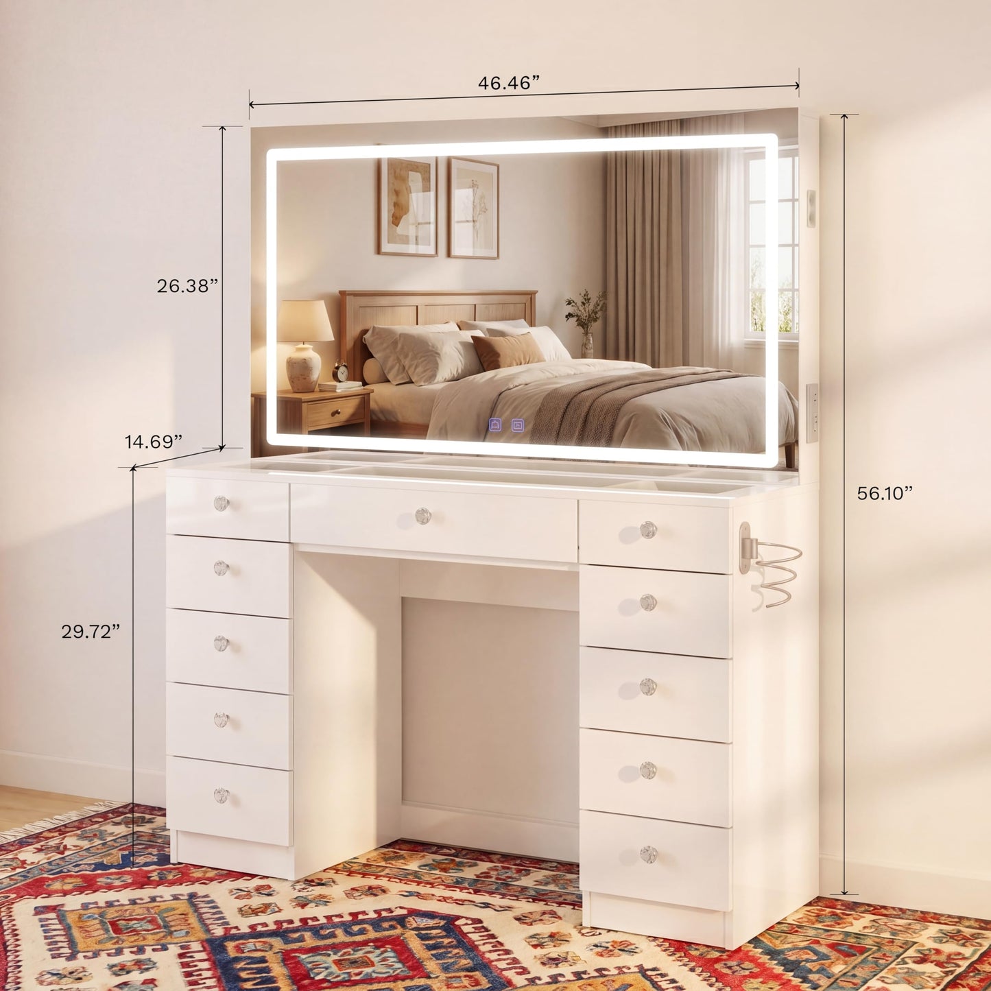 Boahaus Amelia Vanity Desk with LED Mirror – Complete Makeup Station with 11 Drawers, Integrated Power & Built-in Speakers