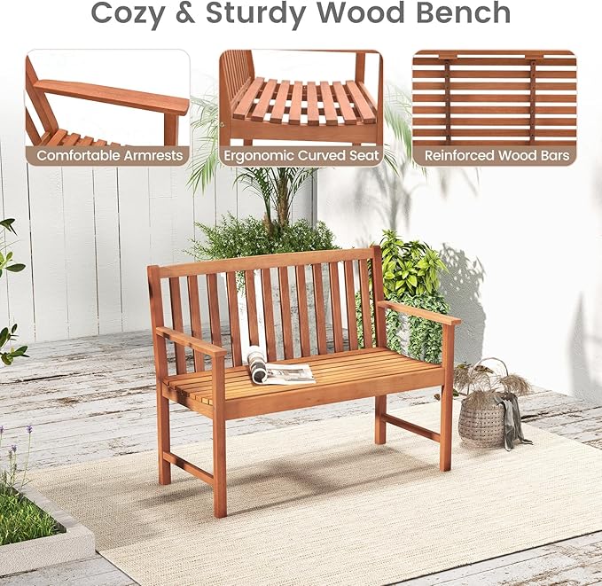 Giantex Outdoor Bench, Wood Patio Bench with Cozy Armrests & Backrest, Slatted Sitting Area, Eucalyptus Wood Frame, 2-Person Loveseat for Park, Porch, Yard, 800 lbs Max Load, Garden Bench (Eucalyptus)